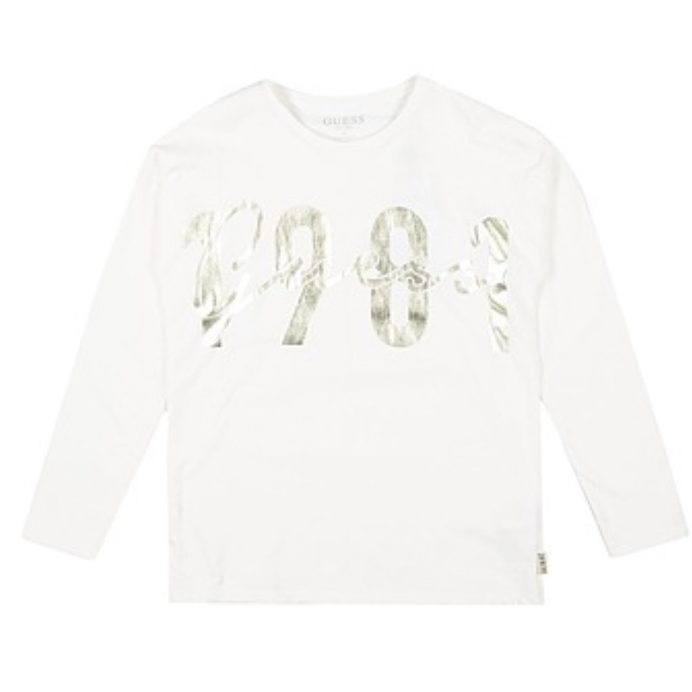 Guess Girls Graphic Logo Long Sleeve Tee Shirt Cream
